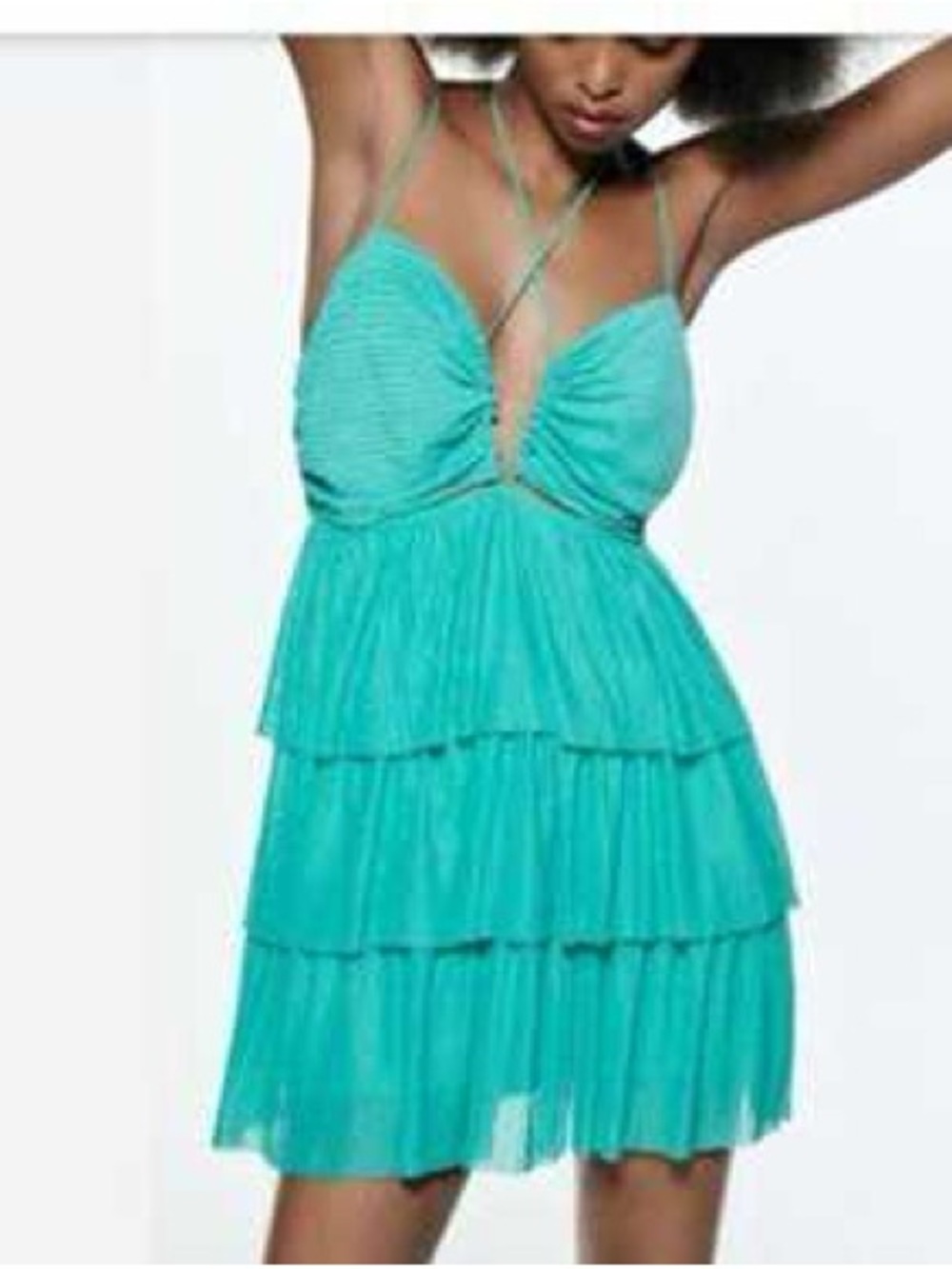 Zara Geeen Aqua Spaghetti-Strap Dress Size Small - Pleated Summer Dress Size S